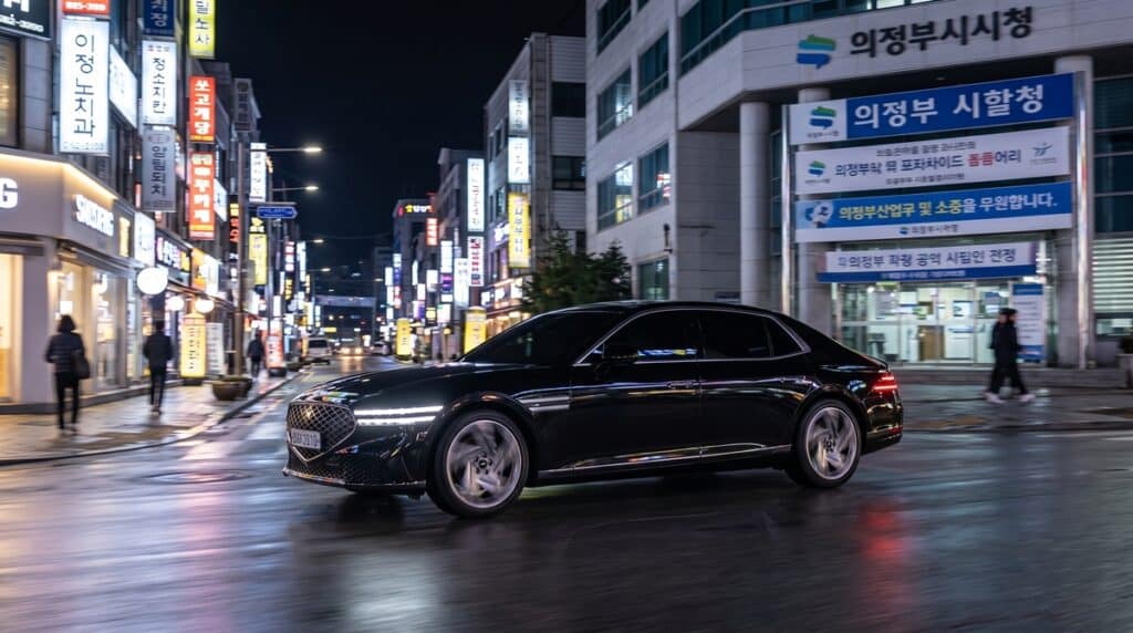 의정부 시청 인근 야간 도로를 안전하게 주행 중인 법인 전용 럭셔리 세단
