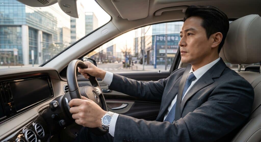 과태료 전액 보상 대리운전 관련 정장을 착용한 professional driver가 차량을 운행하는 모습.