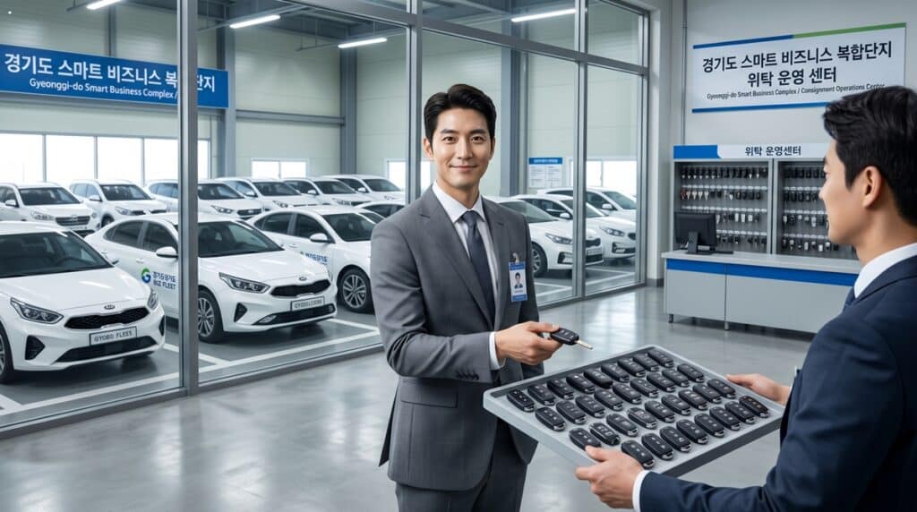 전국 차량 탁송 비용 절감을 위해 스마트 비즈니스 복합단지에서 법인 차량 키를 인수하는 모습 (Receiving corporate vehicle keys at a smart business complex to reduce nationwide vehicle consignment costs)