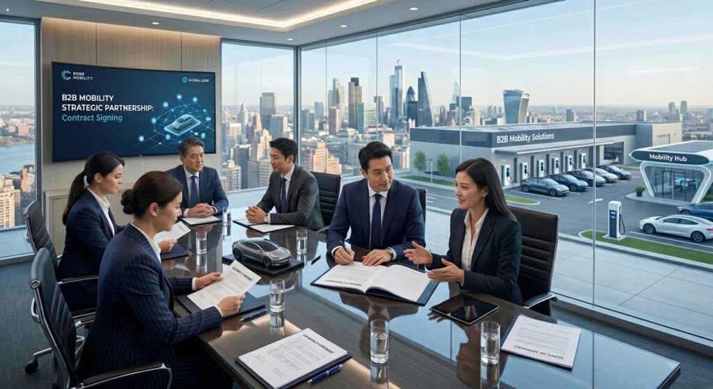 법인대리운전 계약 관련 스마트 모빌리티 솔루션 도입을 논의하는 의사결정권자들의 최고위급 회의 모습 (Executives discussing B2B mobility strategic partnership)