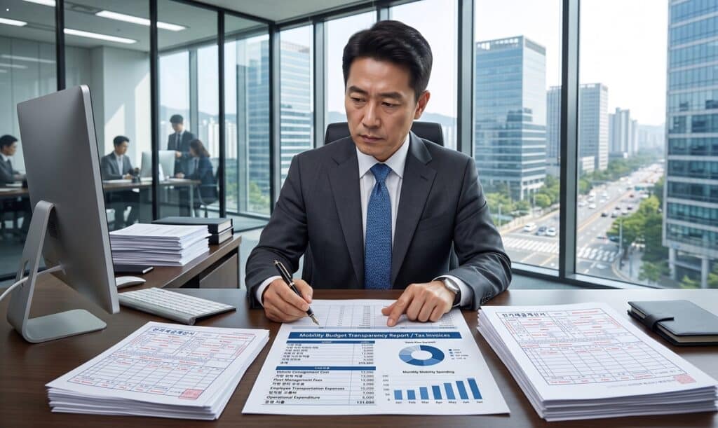 전국 차량 탁송 비용 정산 및 세금계산서 발행 내역을 검토하는 기업 임원 모습 (A corporate executive reviewing nationwide vehicle consignment cost settlements and tax invoice issuance details)
