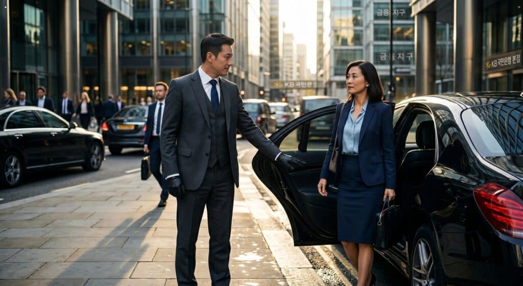 프리미엄 대리운전 관련 비즈니스 우먼을 위해 고급 세단 도어를 열어주는 정장 차림의 전문 기사 모습 (Premium chauffeur opening door for VIP)