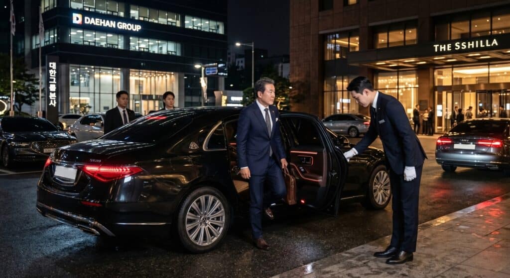 일산 법인대리운전 관련 대기업 사옥 앞에서 임원진의 고급 세단 야간 탑승을 돕는 전문 의전 기사의 모습