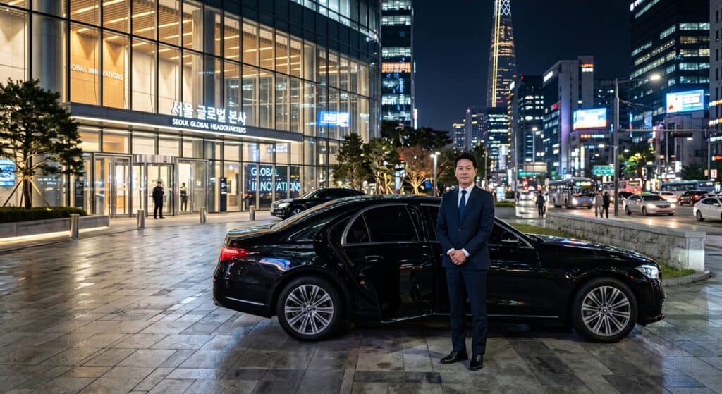 대기업 의전 차량 관련 서울 글로벌 본사 앞 야간 대기 중인 전문 기사 (Professional chauffeur on standby for corporate VIP protocol vehicle)