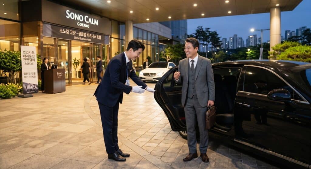 대리운전 법인카드 결제 관련 비즈니스 호텔 임원진 의전 서비스 제공 모습 (VIP protocol service at luxury hotel)