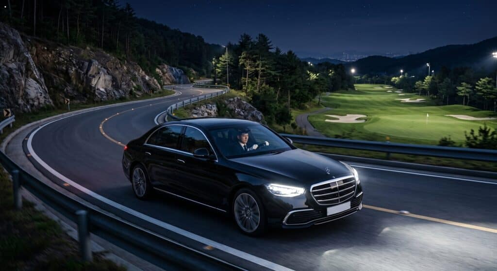 Luxury Sedan Driving on Mountain Road at Night 야간 산길을 주행하는 최고급 세단 모습