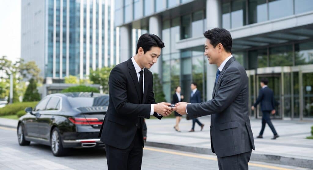 탁송 기사 배정 관련 정장을 착용한 전문 드라이버가 빌딩 앞에서 고급 세단을 안전하게 인계받는 모습