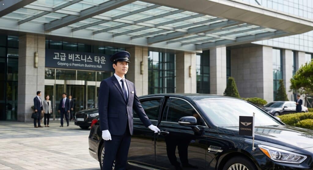 일산 법인대리운전 관련 고양시 비즈니스 타운(Goyang-si Premium Business Hub) 앞 대기 중인 정장 차림의 베테랑 기사 모습