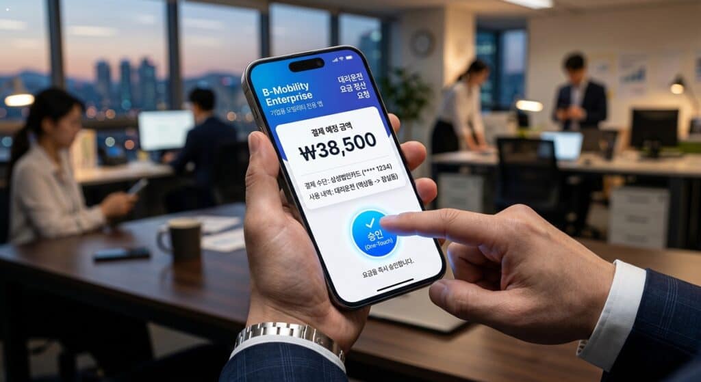 대리운전 법인카드 결제 관련 스마트폰 B2B 전용 앱 원터치 승인 모습 (One-touch B2B app payment approval)