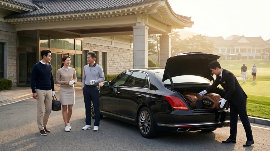 Professional Driver Loading Golf Bags into Trunk 골프백을 적재하는 전문 의전 기사 모습