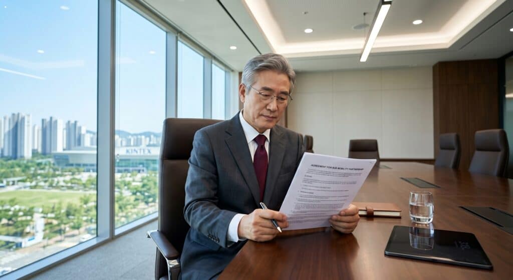 대기업 의전 차량 관련 모빌리티 제휴 협약서를 읽고 있는 VVIP 임원 (VVIP executive reading a B2B mobility partnership agreement)