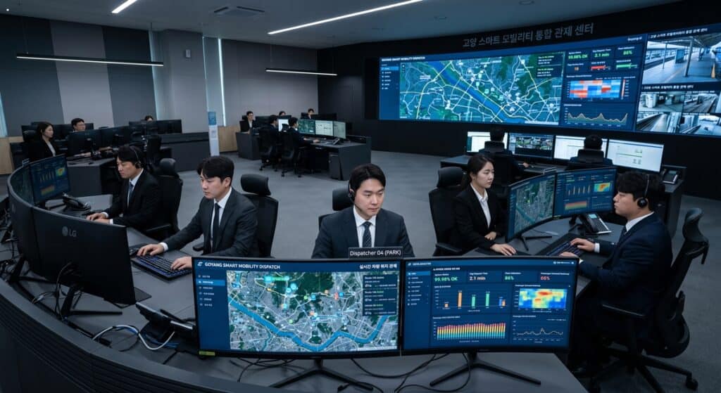 법인 차량 탁송 관련 최첨단 통합 관제 센터에서 실시간으로 차량 위치와 배차 현황을 중앙 모니터링하는 모습