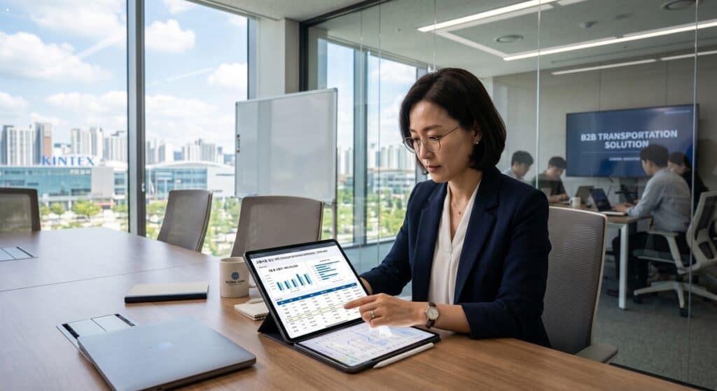일산 법인대리운전 관련 킨텍스(KINTEX)가 보이는 사무실에서 투명한 B2B 교통비용 정산 내역을 검토하는 재무 담당자 모습