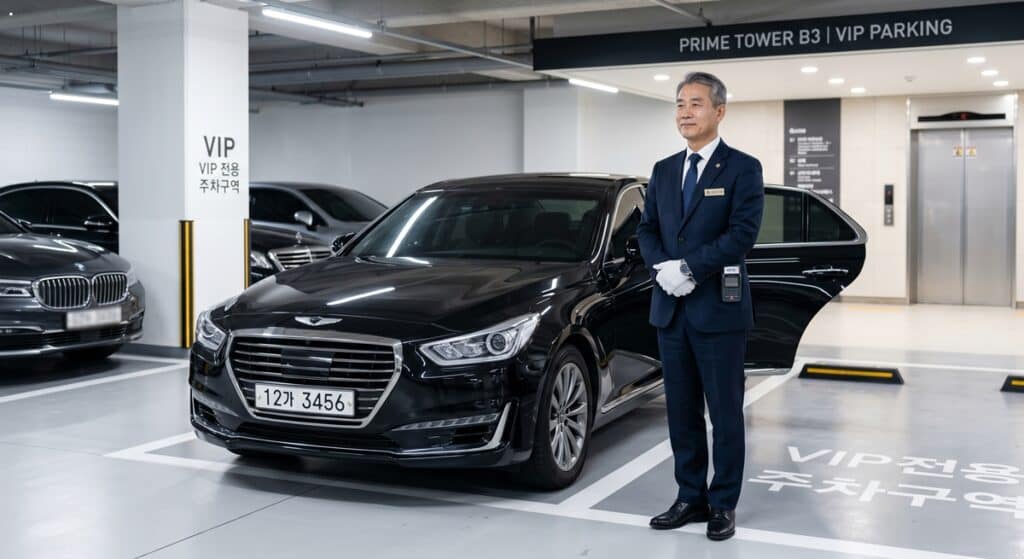 대리운전 법인카드 결제 관련 VIP 주차장 정장 차림 베테랑 기사 대기 모습 (Veteran chauffeur waiting in VIP parking area)