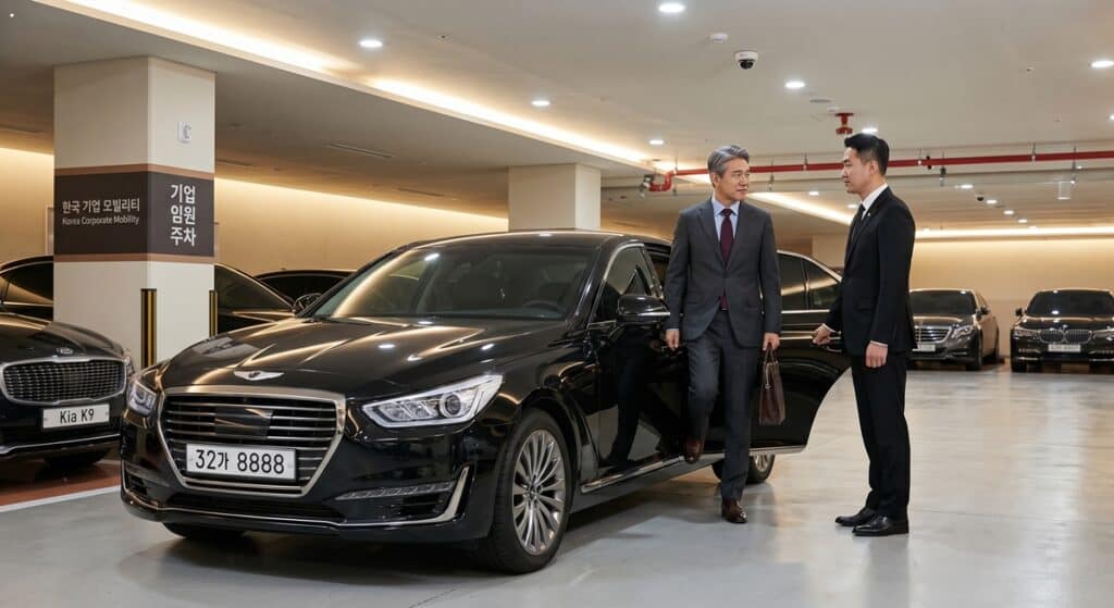 대기업 의전 차량 관련 임원 전용 주차장에서 VIP 도어 서비스를 제공하는 모습 (Chauffeur providing VIP door service for corporate protocol vehicle)