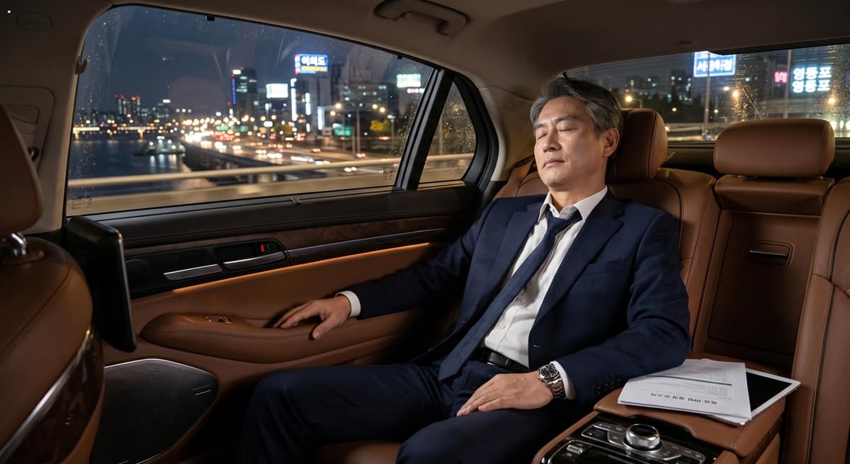 비즈니스 접대 대리운전 관련 미팅 종료 후 뒷좌석에서 평온하게 휴식을 취하는 임원의 모습