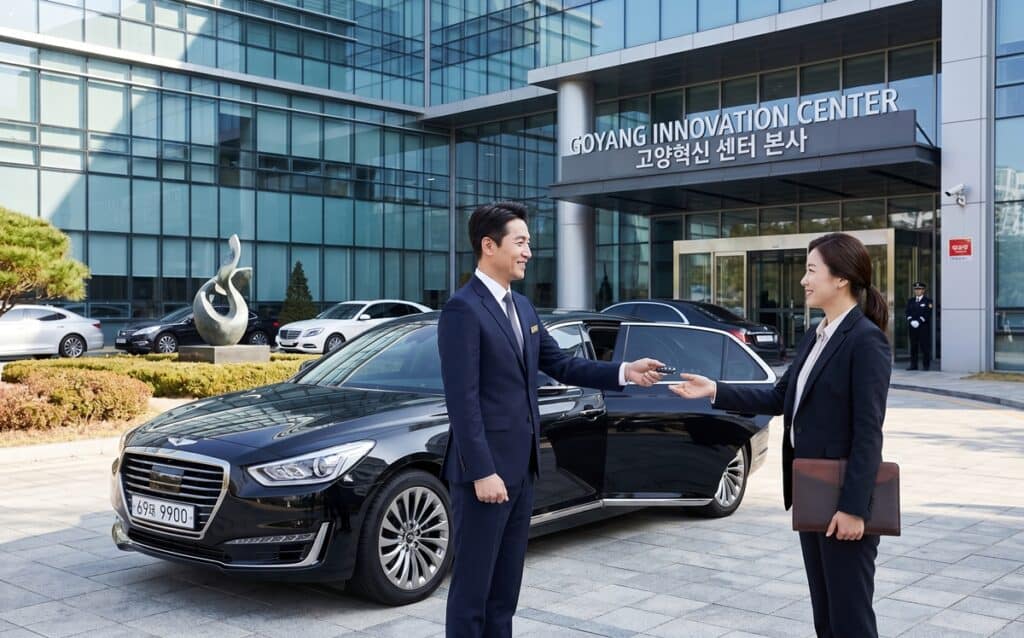법인 차량 탁송 관련 기업 사옥 앞에서 정장 차림의 기사가 고객에게 안전하게 차량 스마트키를 정중히 인계하는 모습