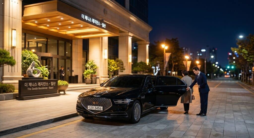 일산 법인대리운전 관련 더 제니스 레지던스 일산(The Zenith Residence Ilsan)에 도착하여 고객의 하차를 정중히 돕는 전문 기사의 모습
