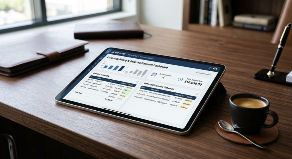 대기업 의전 차량 관련 태블릿으로 월 후불 결제 대시보드를 확인하는 모습 (Checking the deferred payment dashboard on a tablet)