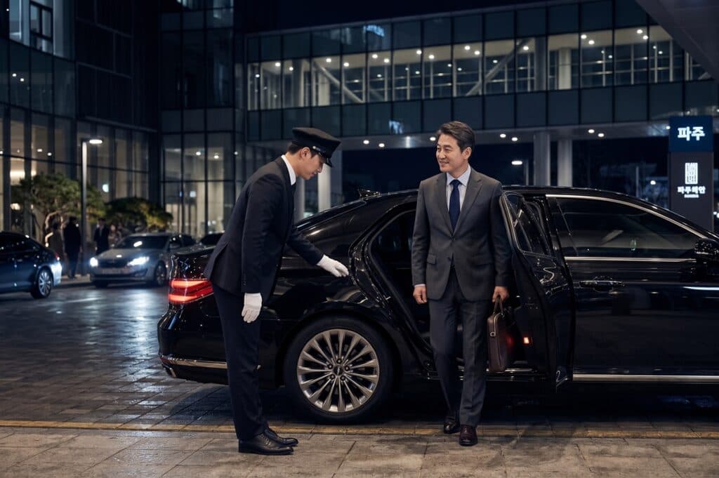 파주 법인대리운전 기사가 야간에 비즈니스 임원을 위해 차량 문을 열어드리는 모습