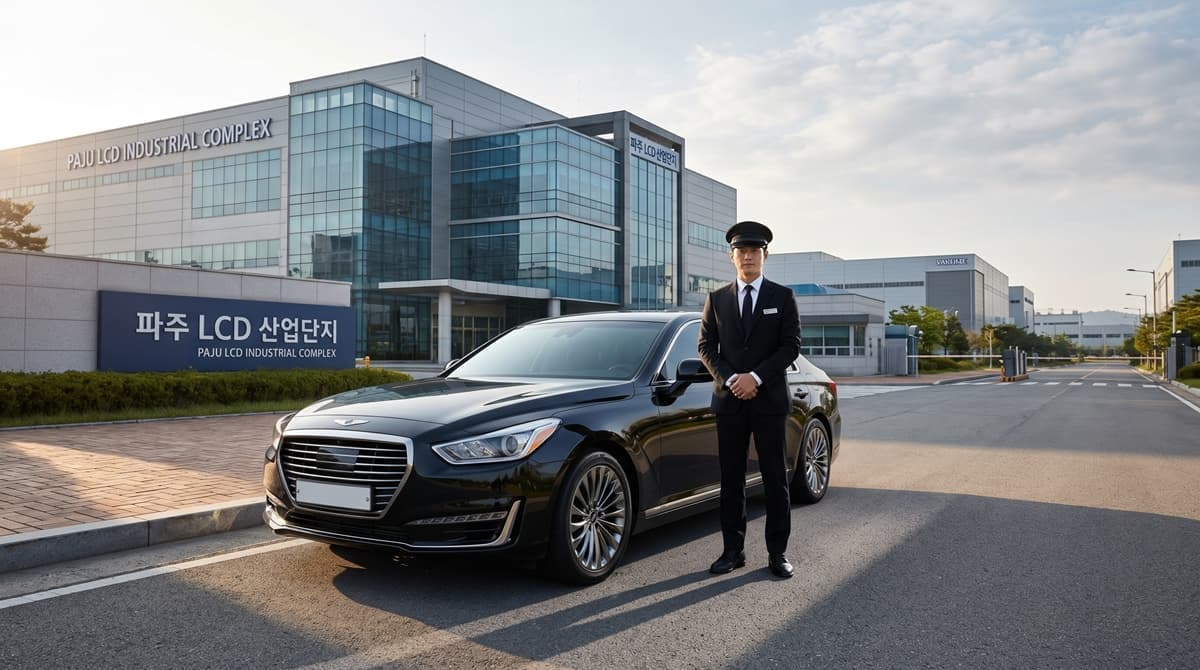 파주 LCD 산업단지 정문 앞에서 대기 중인 드림팀 법인대리운전 기사와 고급 차량