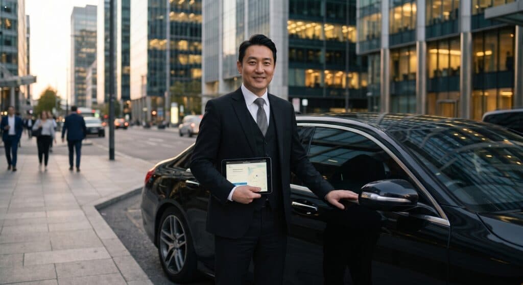 법인 차량 탁송 비용 관련 정장을 착용한 전문 기사가 차량 옆에서 신뢰감을 주는 모습