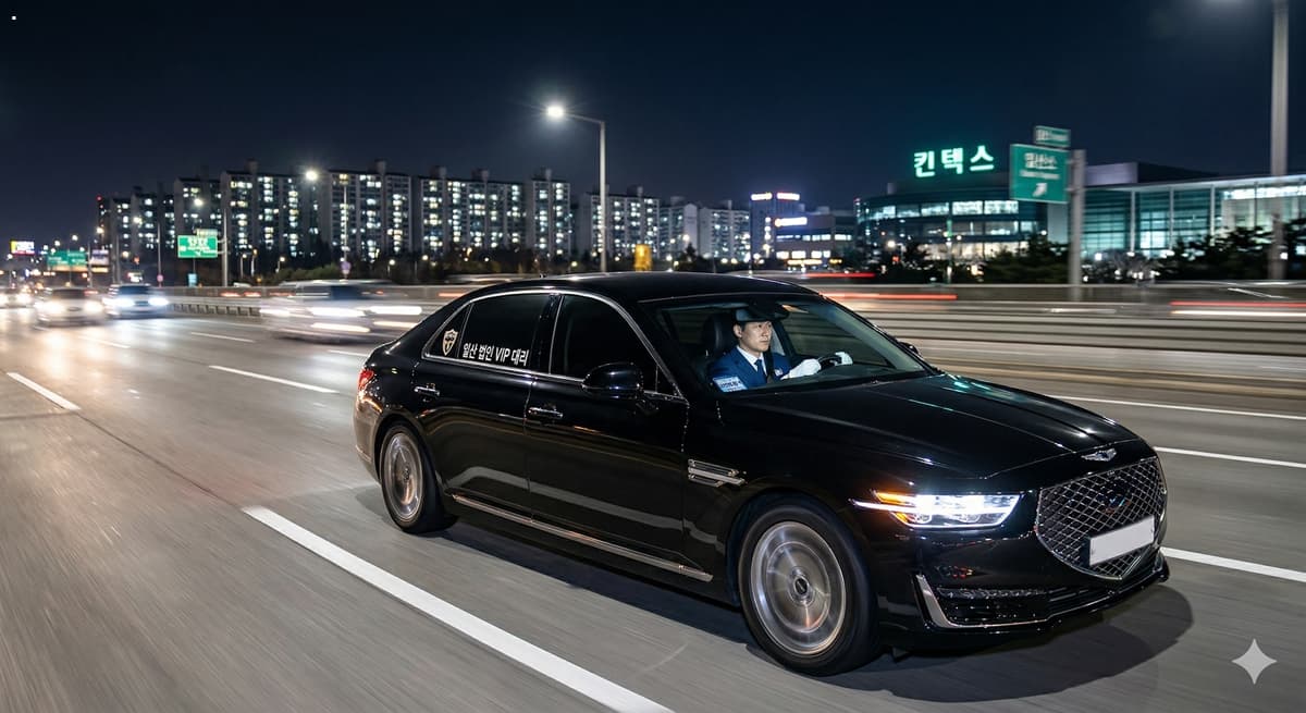 일산 자유로(Jayu-ro)를 달리는 법인대리운전(Corporate Chauffeur) 고급 세단의 야간 주행 모습. 역동적인 빛의 궤적(Light Trails)과 정밀한 PBR 기술로 구현된 고속 주행의 현장감입니다.