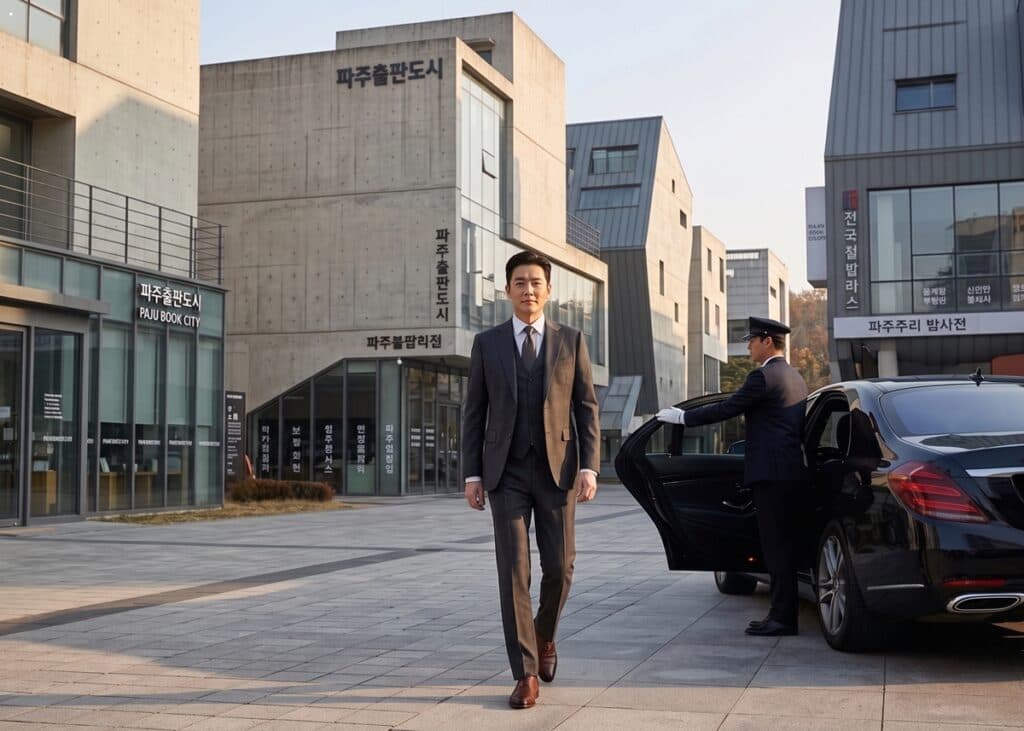 파주 출판단지 세련된 건축물 앞에서 대기 중인 법인 차량과 임원