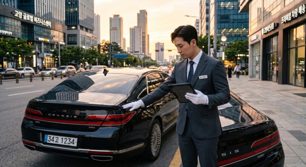 자동차탁송기사 관련 제네시스 G90 차량 상태를 외관부터 타이어까지 정밀하게 점검하는 과정