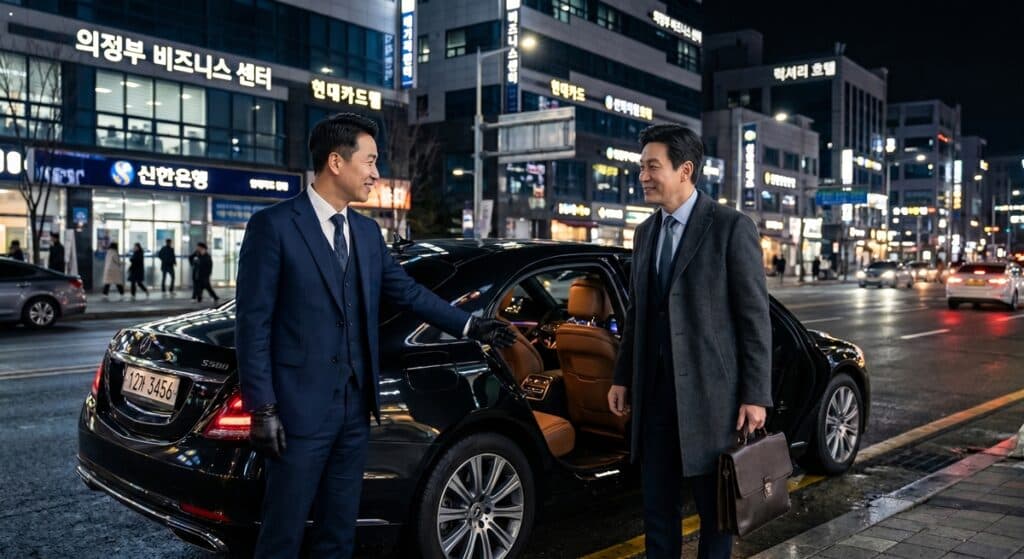 의정부 비즈니스 센터 앞에서 고객을 정중하게 응대하는 드림팀 법인대리운전 전문 기사