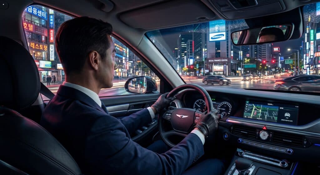 임원 전용 대리운전 관련 강남 도심 야간 주행을 완벽하게 통제하는 전문 기사의 모습 (Professional Chauffeur navigating night traffic)