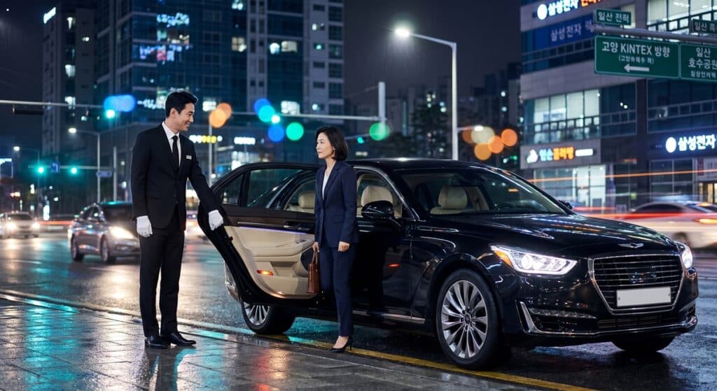 VIP 의전 차량 서비스 전문 기사가 야간 도심에서 임원의 안전한 탑승을 돕는 모습 (Professional chauffeur assisting corporate executive with door service).