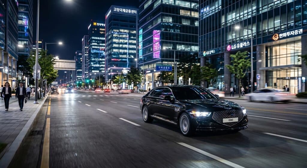 과태료 전액 보상 대리운전 관련 야간 도심을 주행하는 luxury corporate sedan 모습.