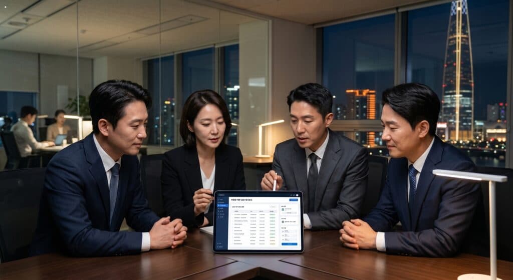 법인대리운전 비용처리 관련 임원진 야간 이동 후 전자 결재를 승인하는 모습 (Corporate executives reviewing mobility expense dashboard)