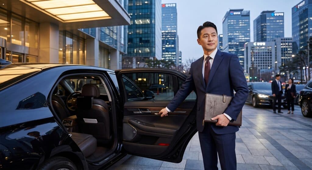 법인대리운전 계약 관련 대기업 사옥 앞에서 임원 의전을 준비하는 정장 차림의 전문 기사 모습 (Corporate chauffeur preparing for VIP transport)