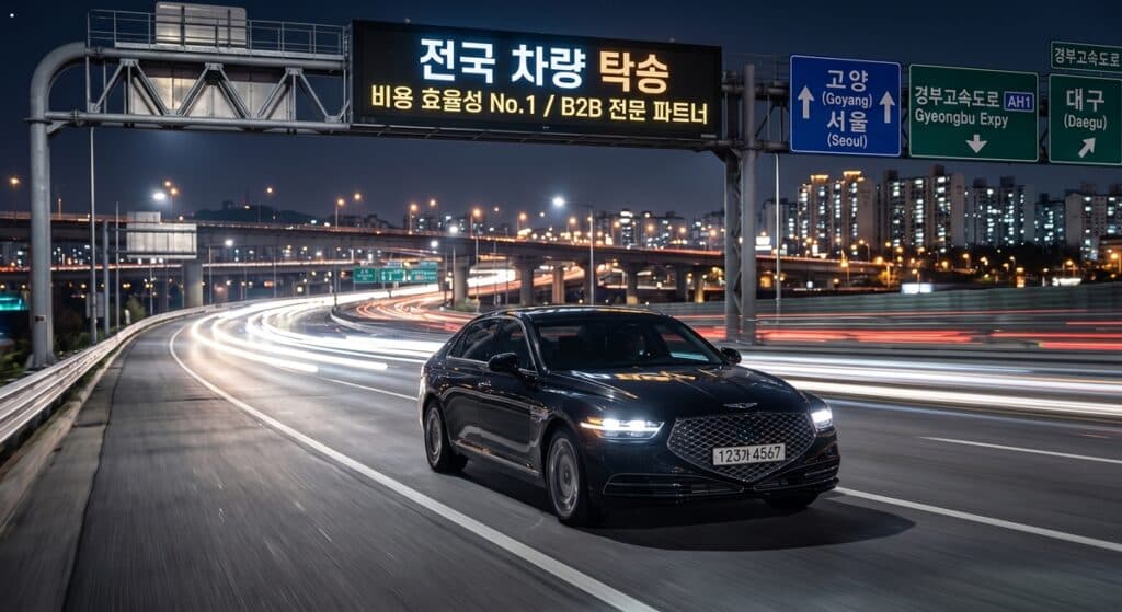 전국 차량 탁송 비용 관련 고속도로 야간 주행 세단 모습 (Night driving luxury sedan related to nationwide vehicle consignment costs)
