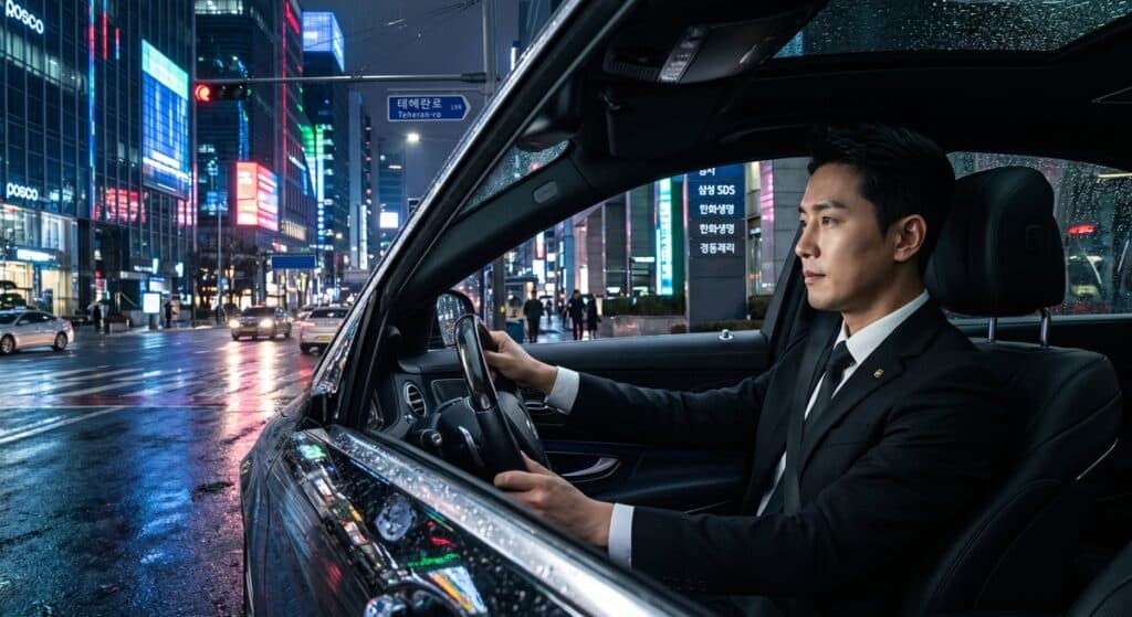 법인 월결제 대리운전 전문 기사가 야간 테헤란로에서 대형 세단을 운행하는 모습