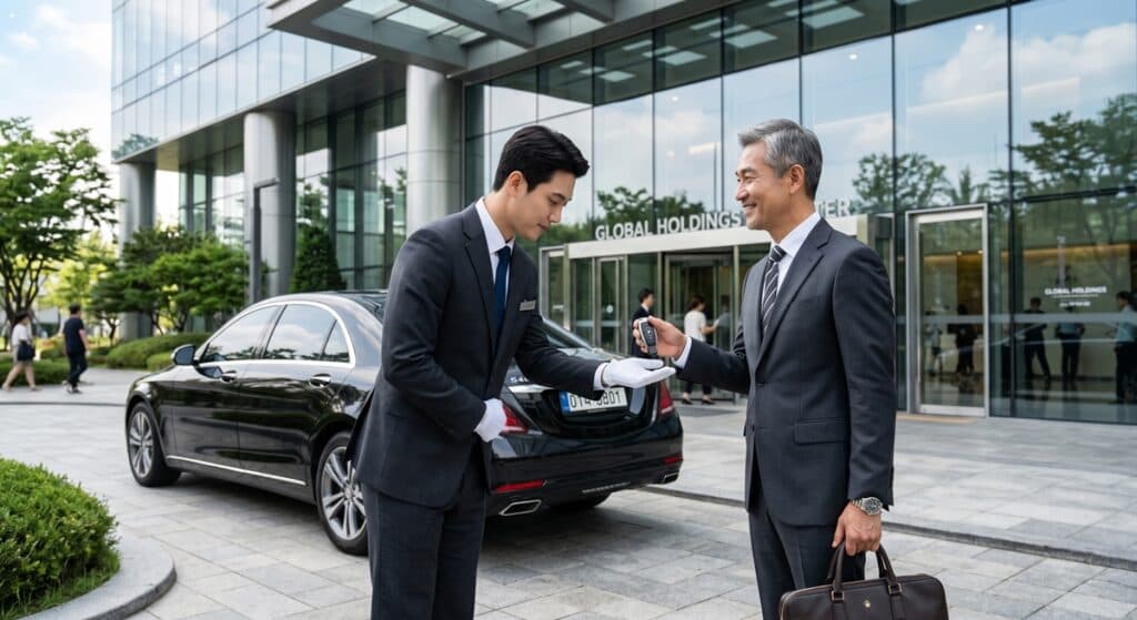 법인차량 탁송 서비스 관련 대기업 사옥 앞 VIP 의전 키 전달 (Corporate vehicle consignment service VIP key handover at HQ)