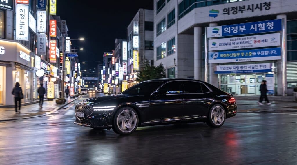 의정부 시청 인근 야간 도로를 안전하게 주행 중인 법인 전용 럭셔리 세단