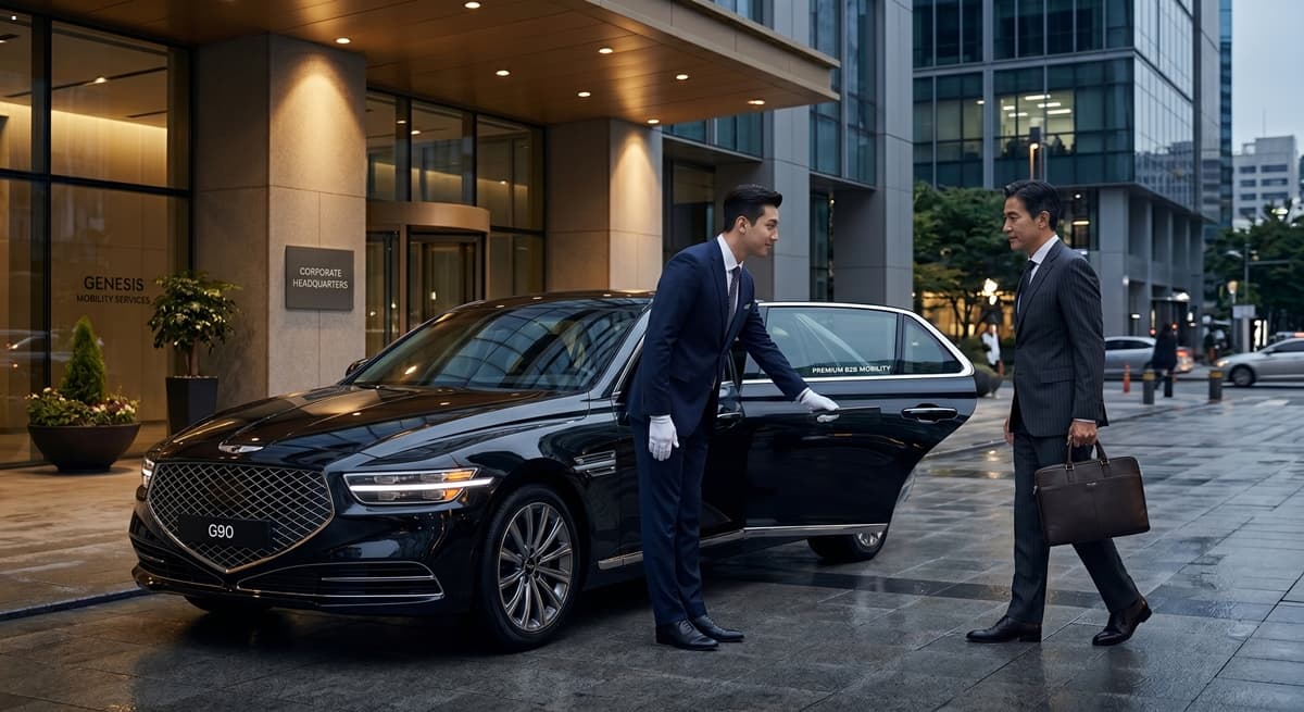 임원 전용 대리운전 관련 기업 사옥 앞에서 VIP에게 도어 서비스를 제공하는 모습 (Door-to-Door Service for VIP Executive)