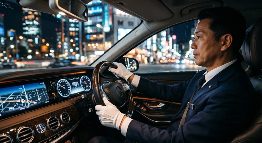 VIP 의전 차량 서비스 전담 베테랑 기사의 고급 세단 야간 주행 모습 (Expert driver navigating night city traffic in a luxury corporate sedan).