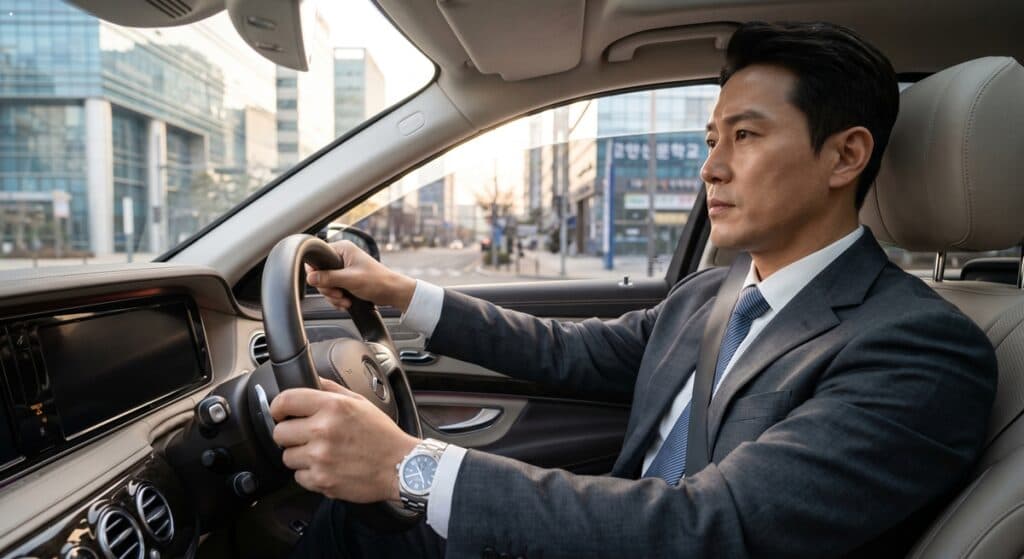 과태료 전액 보상 대리운전 관련 정장을 착용한 professional driver가 차량을 운행하는 모습.