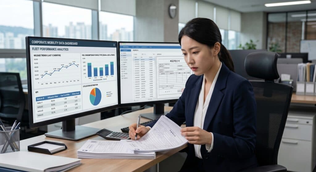 법인대리운전 비용처리 관련 재무팀이 투명한 세금계산서 내역을 검토하는 모습 (Finance team analyzing tax invoices for corporate mobility)