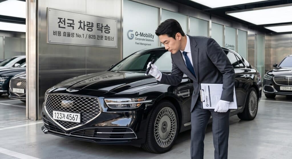 전국 차량 탁송 비용 최적화를 위한 기업 임원용 고급 차량 사전 검수 모습 (Pre-inspection of a luxury corporate vehicle for optimizing nationwide vehicle consignment costs)