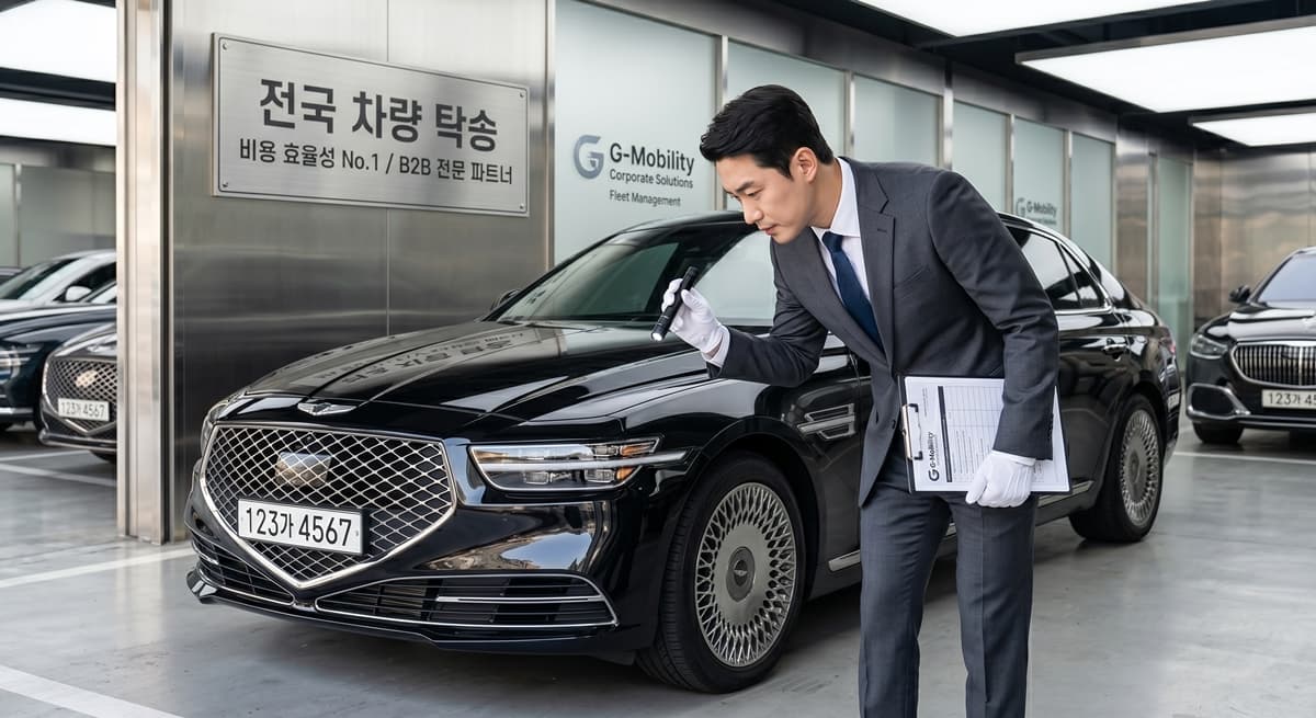 전국 차량 탁송 비용 최적화를 위한 기업 임원용 고급 차량 사전 검수 모습 (Pre-inspection of a luxury corporate vehicle for optimizing nationwide vehicle consignment costs)