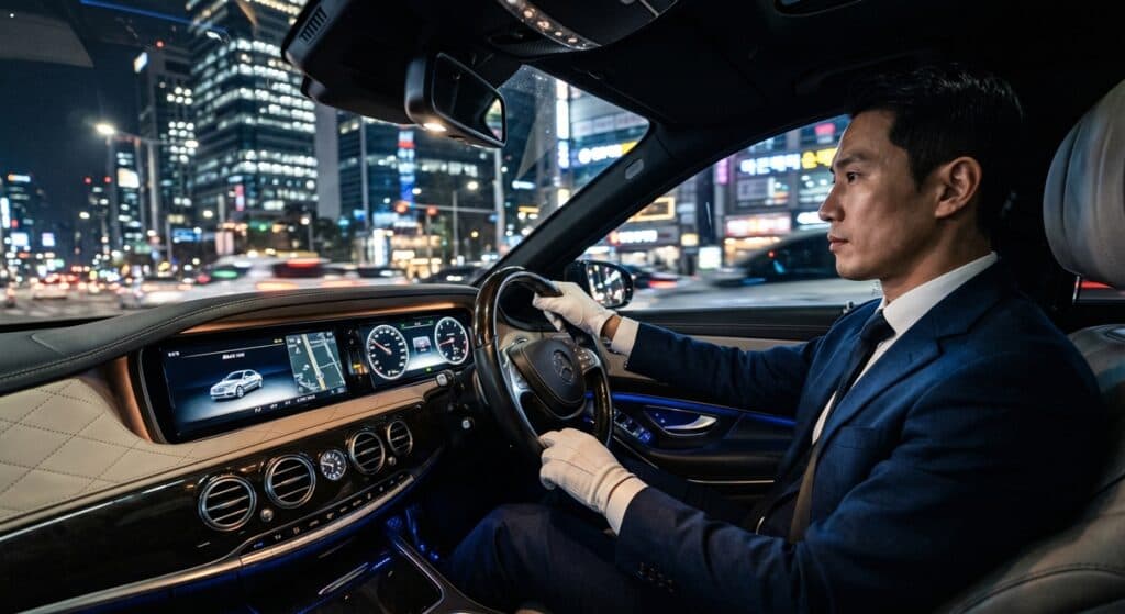 법인차량 탁송 서비스 관련 야간 도심 고급 세단 주행 (Corporate vehicle consignment service driving a luxury sedan at night)