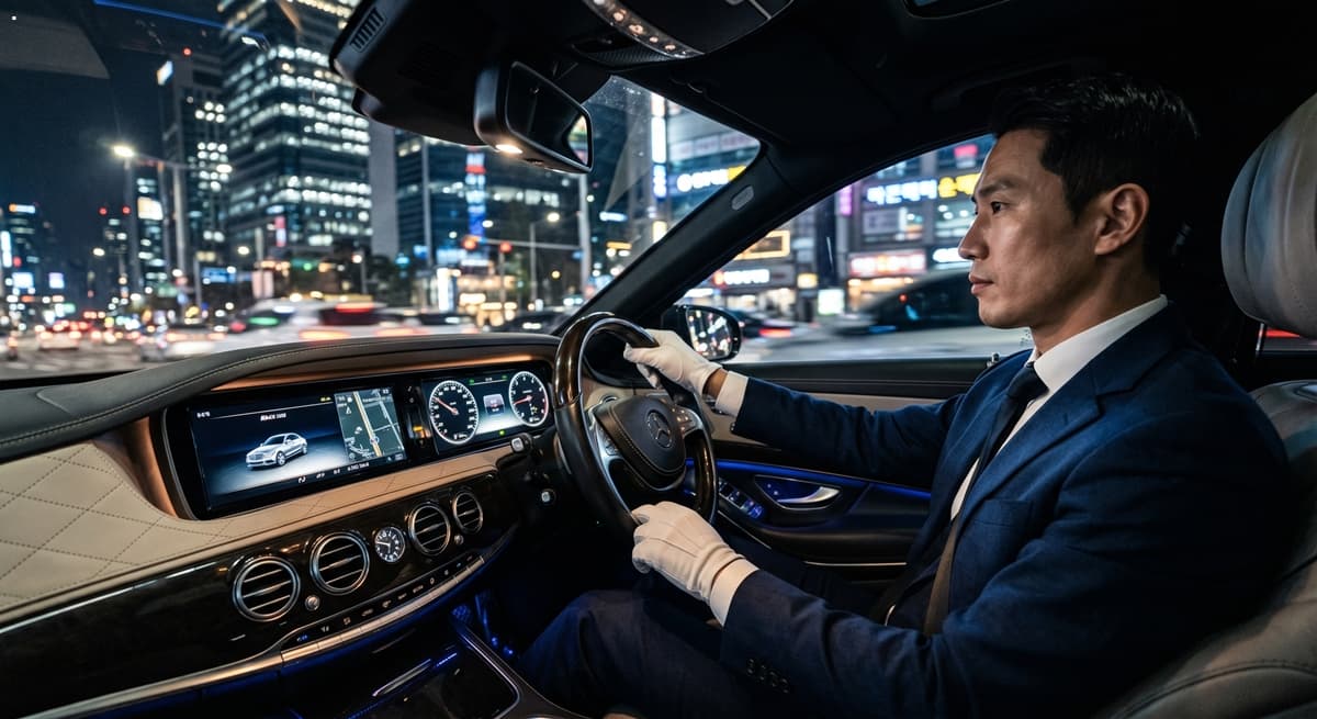 법인차량 탁송 서비스 관련 야간 도심 고급 세단 주행 (Corporate vehicle consignment service driving a luxury sedan at night)