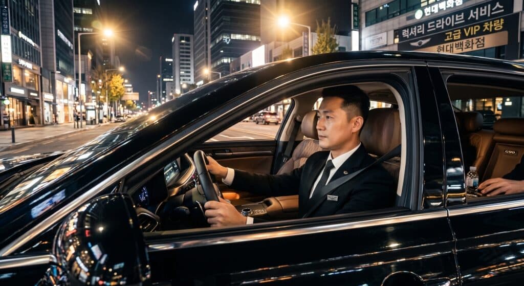 법인대리운전 비용처리 관련 정장 차림의 전문 기사가 고급 세단을 운행하는 모습 (Professional chauffeur driving a luxury sedan at night)
