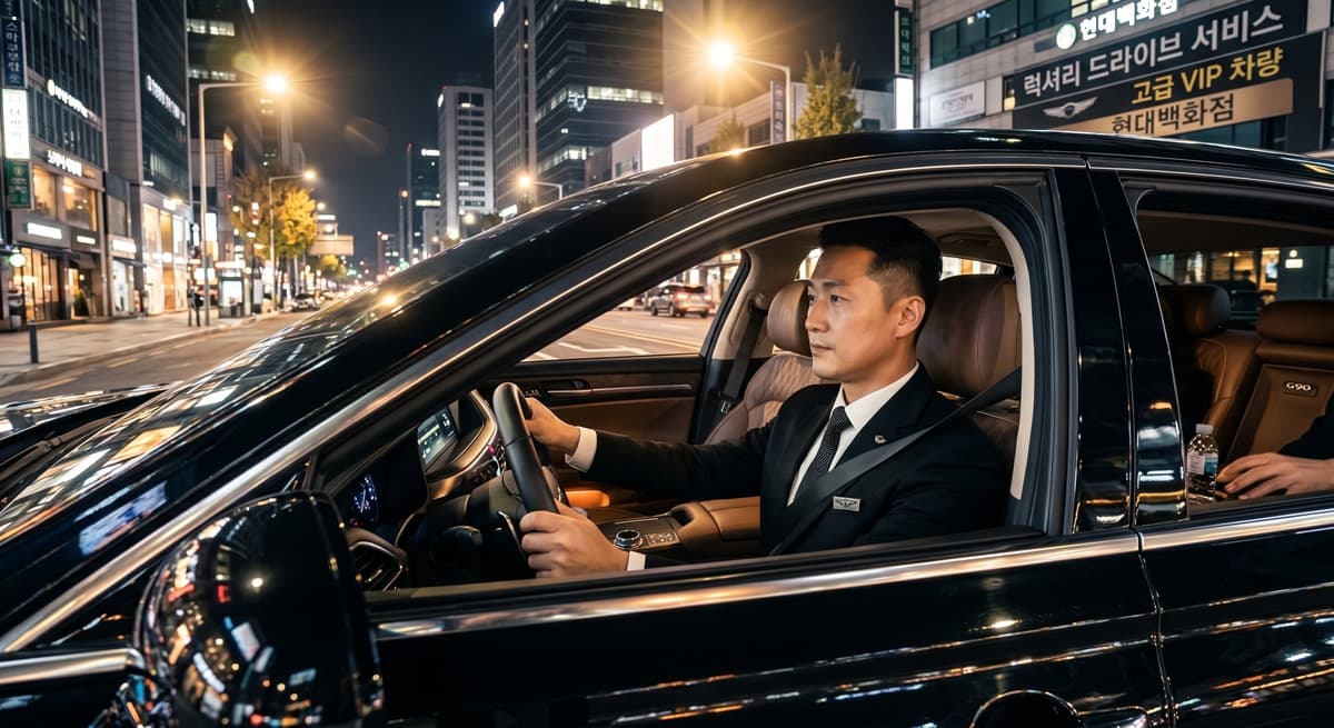 법인대리운전 비용처리 관련 정장 차림의 전문 기사가 고급 세단을 운행하는 모습 (Professional chauffeur driving a luxury sedan at night)