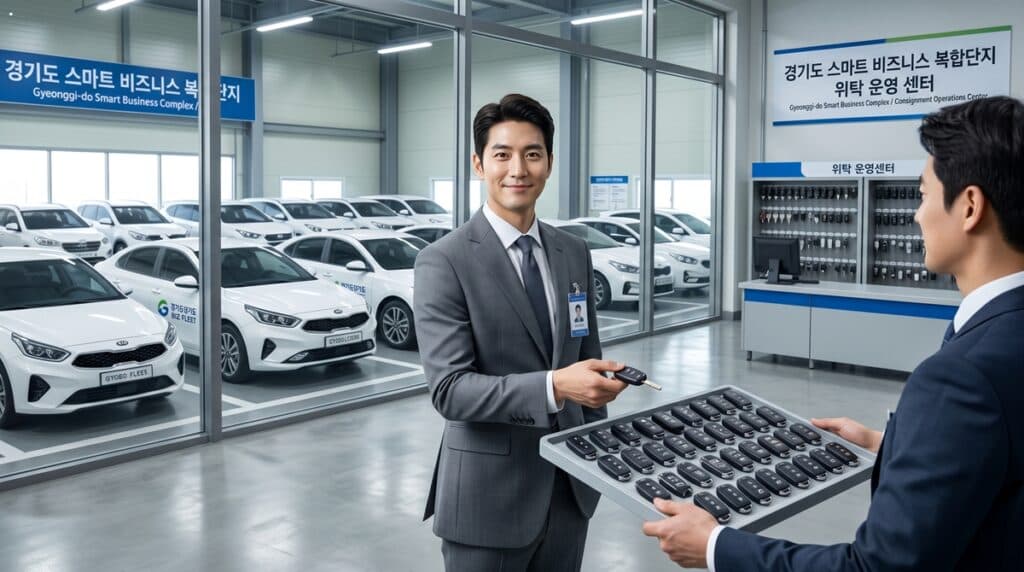 전국 차량 탁송 비용 절감을 위해 스마트 비즈니스 복합단지에서 법인 차량 키를 인수하는 모습 (Receiving corporate vehicle keys at a smart business complex to reduce nationwide vehicle consignment costs)